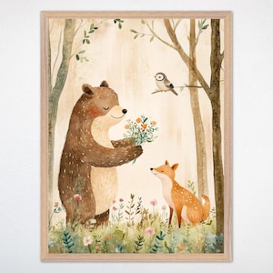 Woodland Animals Nursery Art: Bear and Fox Forest Scene
