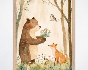 Forest Scene Decor, Woodland Animals Nursery Wall Art, Whimsical Bear and Fox Canvas for Kids Room Decor, Forest Friends Framed Art