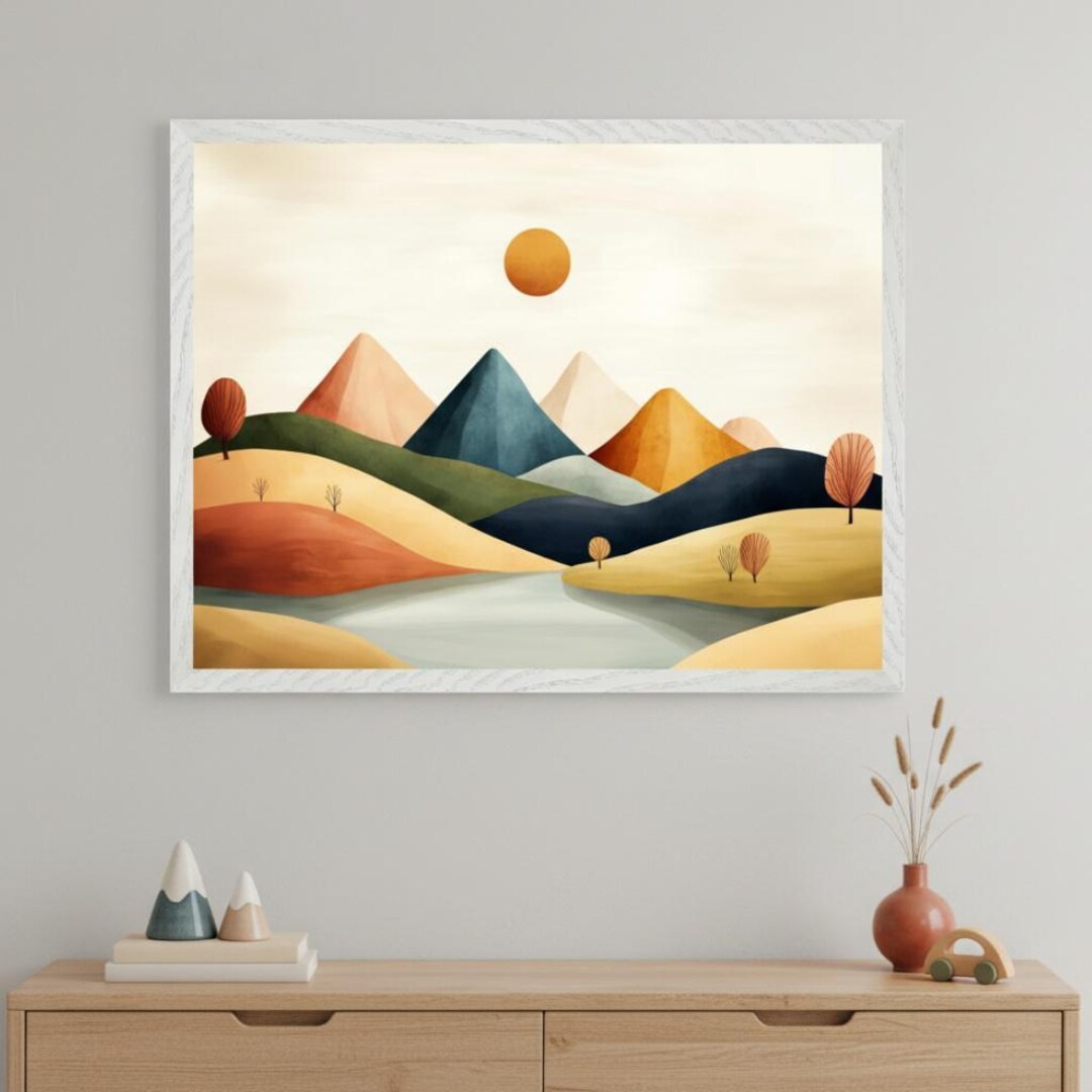 Mountain Landscape Minimalist Watercolor Wall Art, boho nursery
