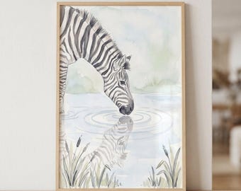 Drinking Savanna Zebra Wall Art, Watercolor Nursery Decor, Wildlife Reflection Print, Safari Animal Wall Art, Zebra Nursery Illustration