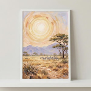 Wildlife Zebra Artwork, African Savanna Decor, Watercolor Safari Print, Nursery Animal Wall Decor, Nature Landscape Illustration