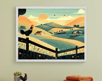 Ingelijste muurkunst: boerderijhaan bij zonsopgang - Rustieke, landelijke kinderkamerdecoratie