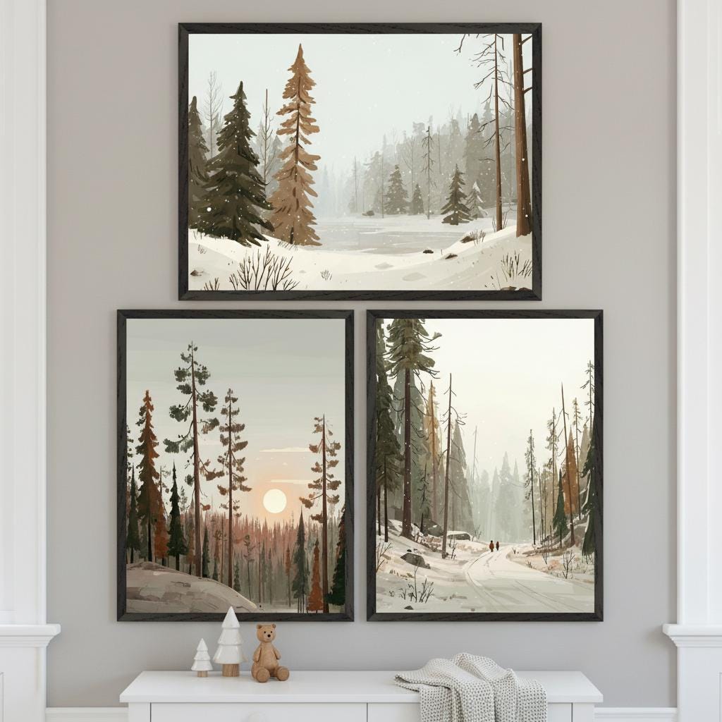 GettyImagesDecades of the 20Century5冊セット Winter Forest Art Set, Woodland Landscape Wall Art, Rustic Pine