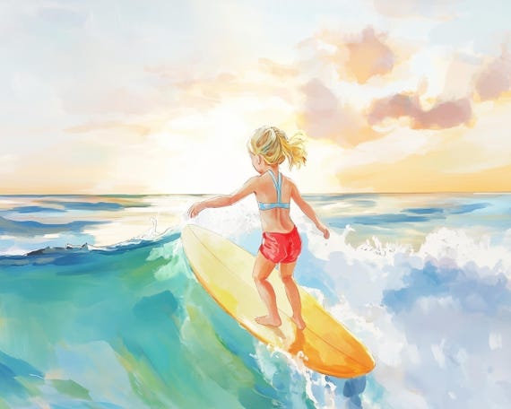 Girl Surfer Wall Art, Surfer Girl Nursery Decor, Watercolor Beach