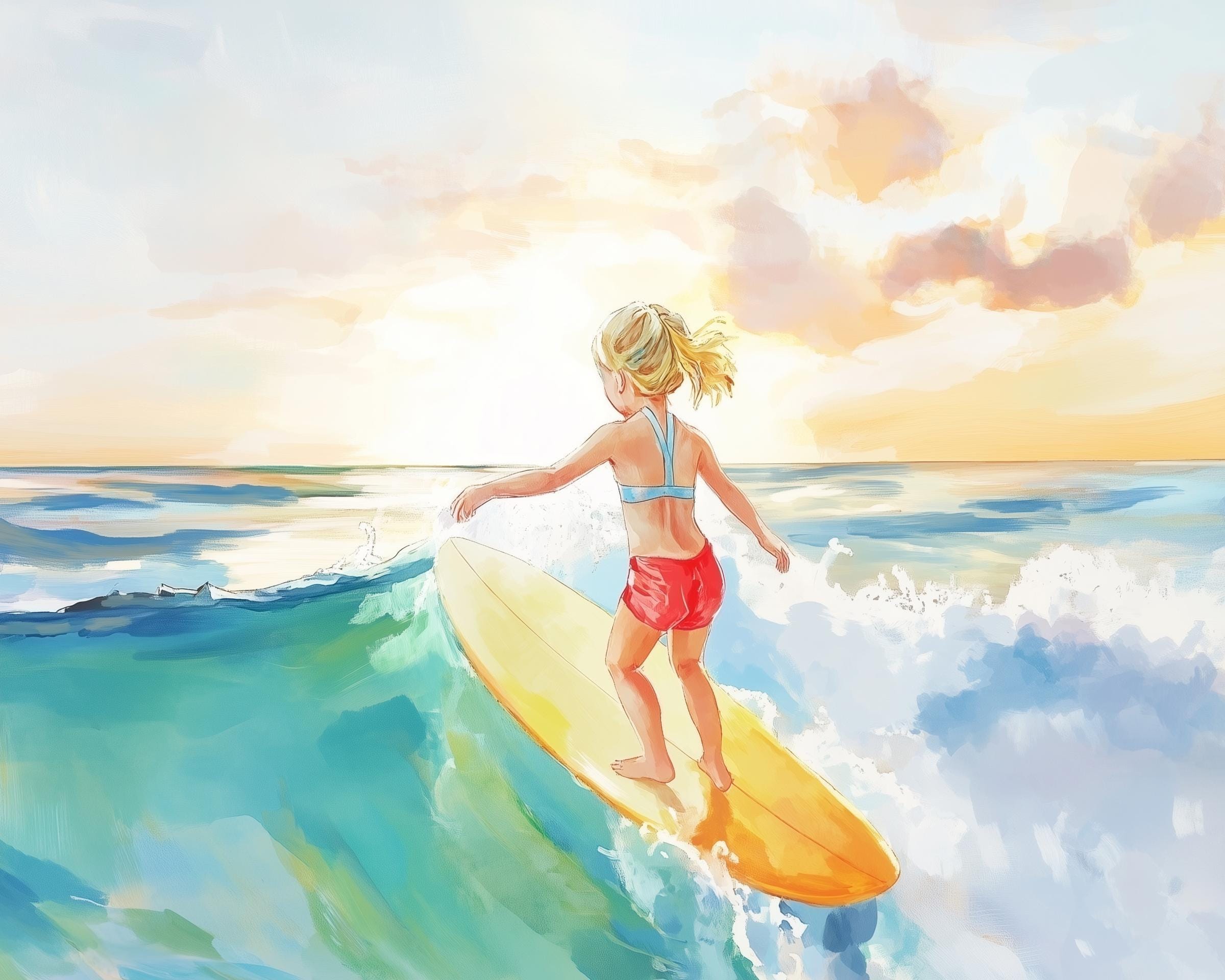 Girl Surfer Wall Art, Surfer Girl Nursery Decor, Watercolor Beach