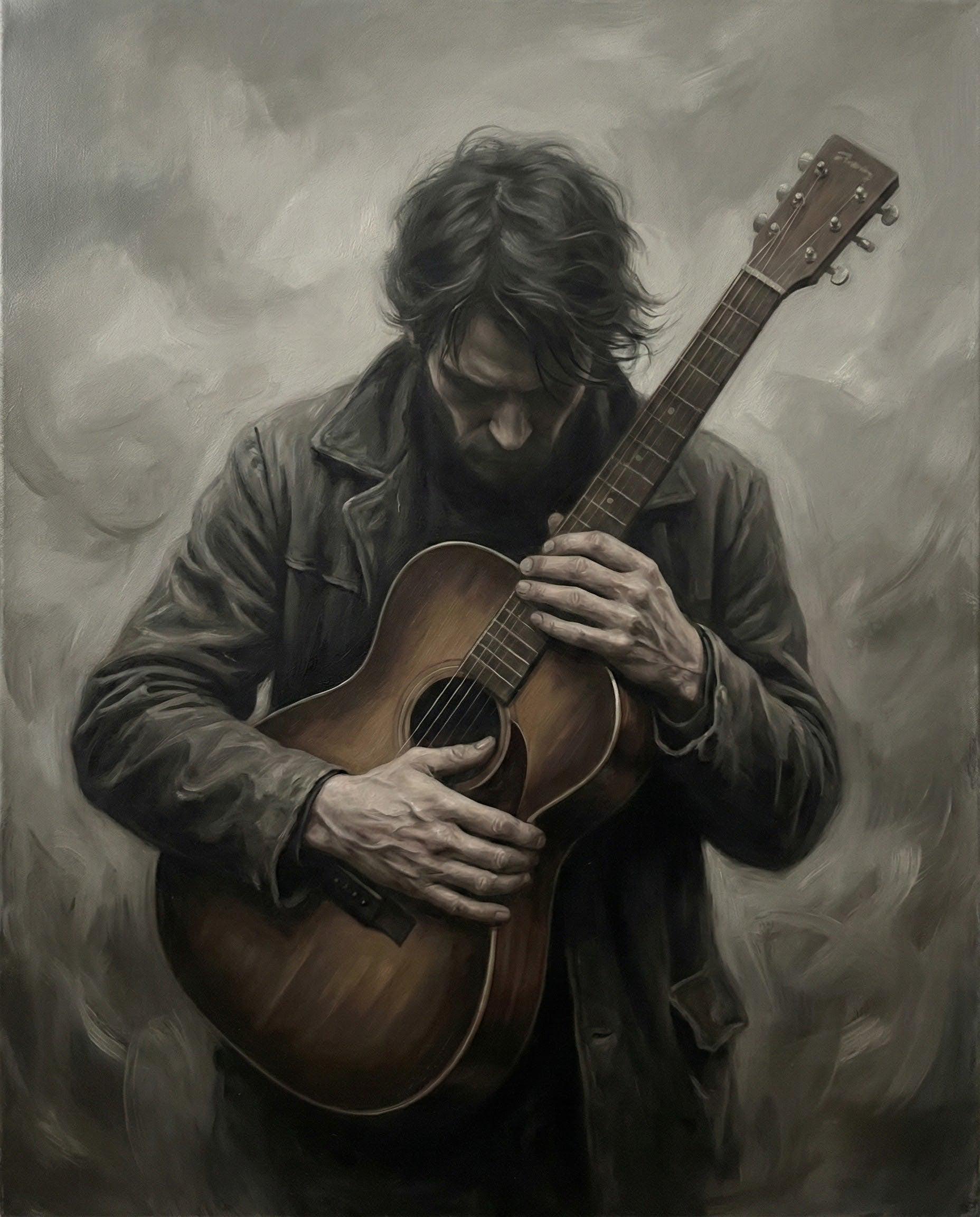 Folk Musician Moody Sepia Tones Wall Art, Acoustic Guitar Player