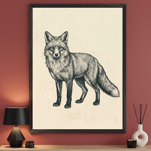 Fox Vintage Ink Sketch Wall Art, Woodland Animal Pen Drawing, Rustic Cabin Decor, Forest Wildlife Illustration, Engraving Style Print