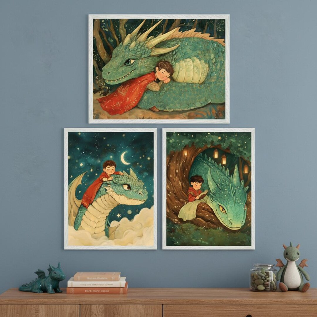 Boy and Dragon Wall Art Set of 3, Whimsical Nursery Decor, Storybook ...