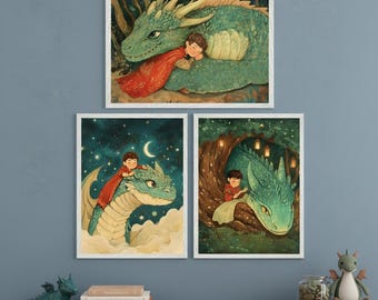 Boy and Dragon Wall Art Set of 3, whimsical nursery decor, storybook illustration, fantasy playroom wall art, mythical creature prints