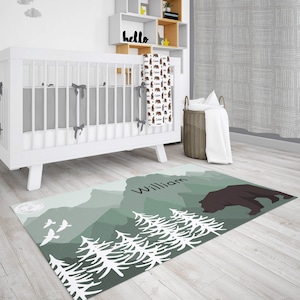 Nursery Rug, Bear Theme Decor, Rug for Kid, Personalized Carpet Woodland Decor,  Mountain Playmat, Forest Animals Area Rug for Boys Room