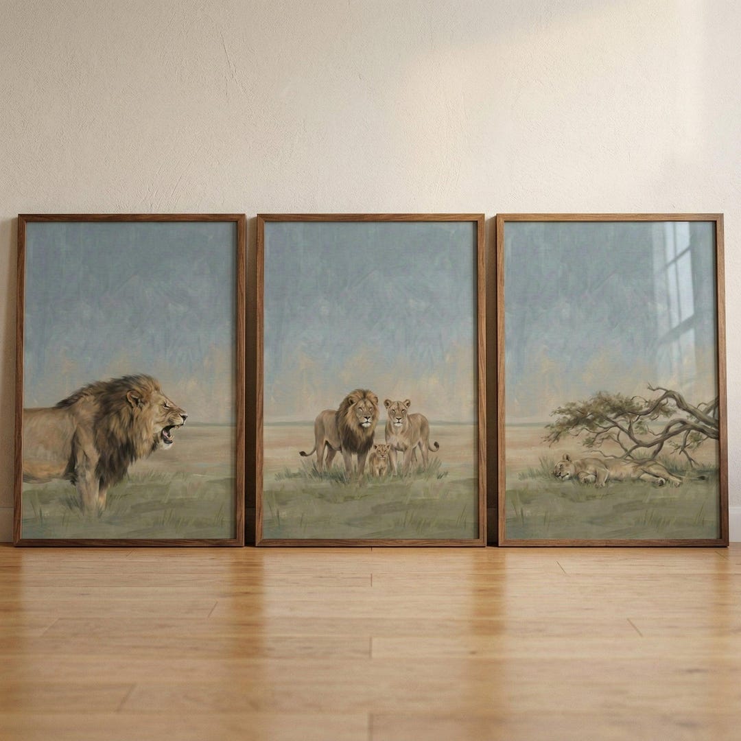 Safari Animal Nursery Wall Art Set of 3, Lion Family Wall Decor ...