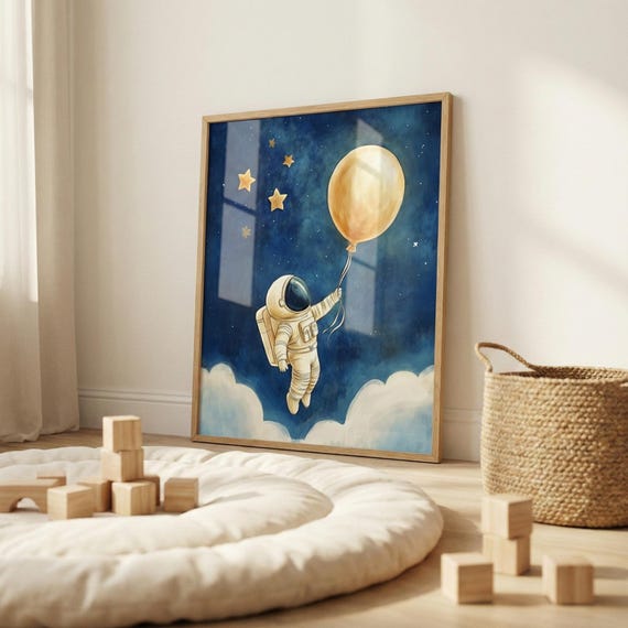 宇宙飛行士の額入りウォールアート：遊び心のある宇宙の風景、子供部屋 