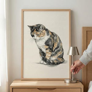 Puede incluir: Una impresión artística enmarcada que presenta un boceto detallado de un gato calicó en posición sentada. El pelaje del gato muestra una mezcla de tonos negros, marrones y naranjas, con pecho y cara blancos. La obra de arte está sobre un fondo neutro.