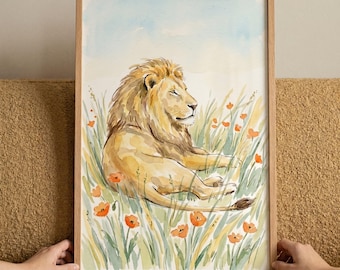 Orange Poppy Meadow Lion Wall Art, Watercolor Lion Illustration, Safari Nursery Decor, Wildflower Animal Print, Savanna Wildlife Poster