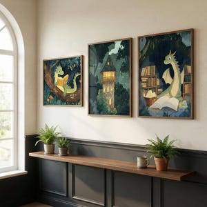 Nursery Wall Art, Reading Dragon, Whimsical Forest Decor, Magical Library Illustration, Storybook Dragon Prints, Set of 3 image 3