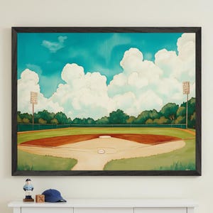 Baseball Field Retro Illustration Wall Art, Vintage Sports Stadium Decor, Summer Baseball Diamond Print, Nostalgic Ballpark Poster