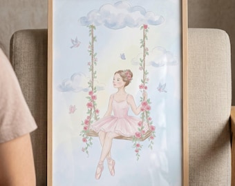 Pink Rose Swing Ballerina Wall Art, Watercolor Girl Nursery Decor, Whimsical Tutu Illustration, Floral Dance Poster, Fairy Tale Print