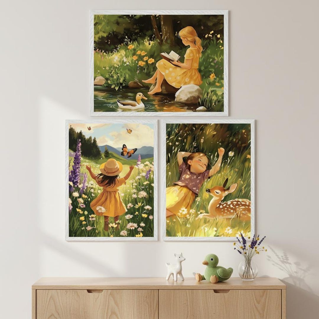Whimsical Girl Nursery Wall Art Set of 3, Cottagecore Woodland Decor ...
