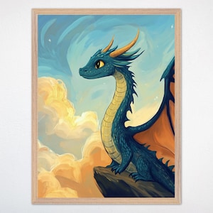 Dragon Wall Art - Whimsical Clouds Canvas Decor, Magical Fantasy Print for Nursery and Kids Room, Gender-Neutral Gift, Dreamland Friends