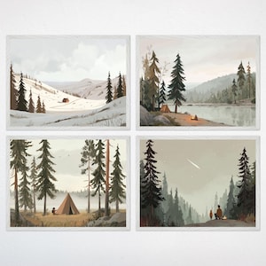 Woodland Camping Wall Art Set - Forest Adventure Canvas Prints, Nature Nursery Decor, Whimsical Kids Room Poster Set, Wanderwood