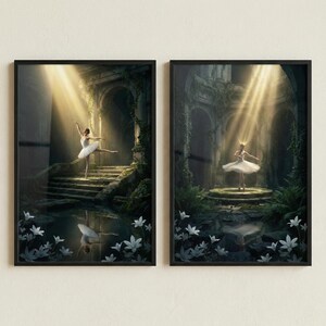 May include: Two framed art prints featuring a ballerina in a white tutu, set in a mystical, overgrown architectural setting. The dancer is illuminated by a beam of light, with a reflection in the water below. The artwork has a dark, moody aesthetic.