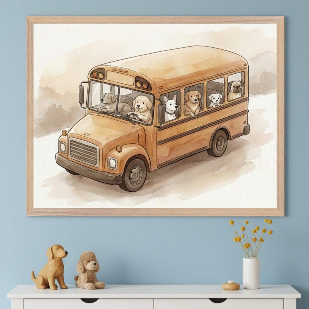 Dogs on School Bus Watercolor Art Style Print, Puppy Nursery Wall