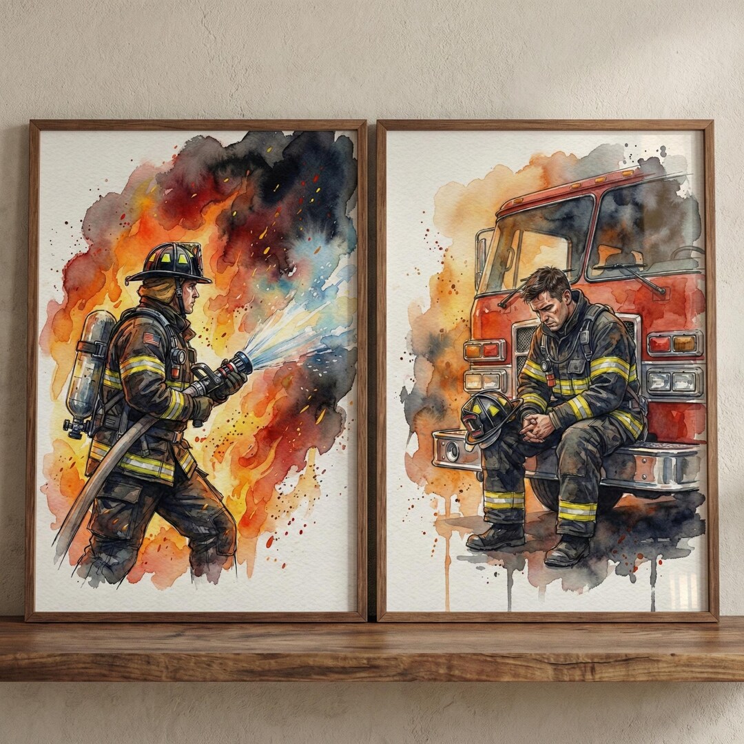 Heroic Firefighter Kids Wall Art Set of 2, Watercolor Fire Truck ...