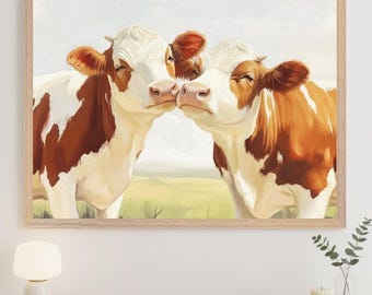 Two Cows Sweet Nuzzle Wall Art, farmhouse nursery decor, rustic animal illustration, country home print, brown and white cattle art