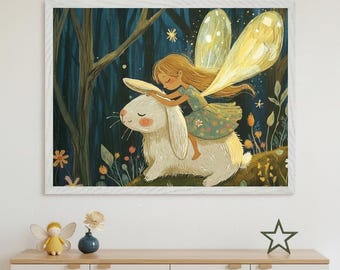 Fairy Girl And Bunny Whimsical Wall Art, Enchanted Forest Nursery Decor, Cottagecore Magical Animal Print, Woodland Sprite Illustration