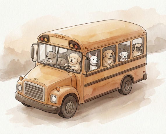 絵画 The dog bus Dogs on School Bus Watercolor Art Style Print, Puppy Nursery Wall