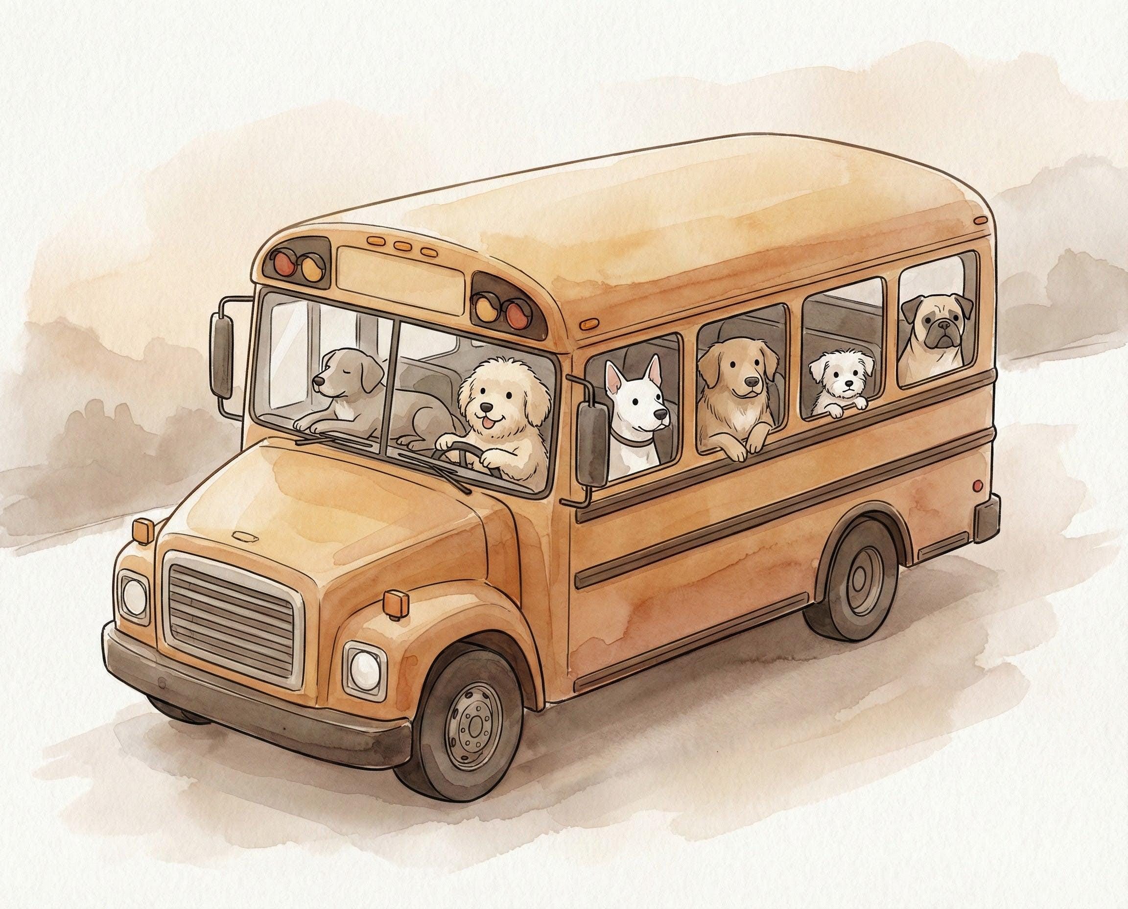 Dogs on School Bus Watercolor Art Style Print, Puppy Nursery Wall
