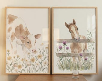 Watercolor Baby Farm Animal Wall Art Set of 2, Calf and Foal Nursery Decor, Rustic Barnyard Kids Room Art, Floral Cow and Horse Prints