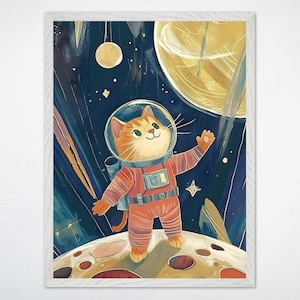 Space Cat Wall Art, Whimsical Astronaut Cat Canvas for Nursery, Cosmic Kids Room Decor, Framed Space Poster