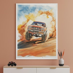 Red Off-road Truck Watercolor Dust Cloud Wall Art, Monster Truck Illustration, Desert Racing Print, Boys Bedroom Poster, 4x4 Vehicle Art