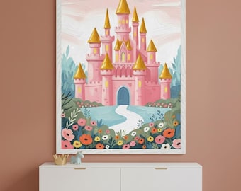 Pink Fairy Castle Impasto Style Wall Art, Magical Palace Nursery Decor, Whimsical Storybook Room Print, Enchanted Garden Floral Art