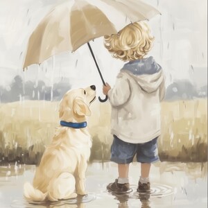 Toddler holding an umbrella over a golden retriever as they stand in a puddle during a gentle rain, illustrated in soft painterly tones.