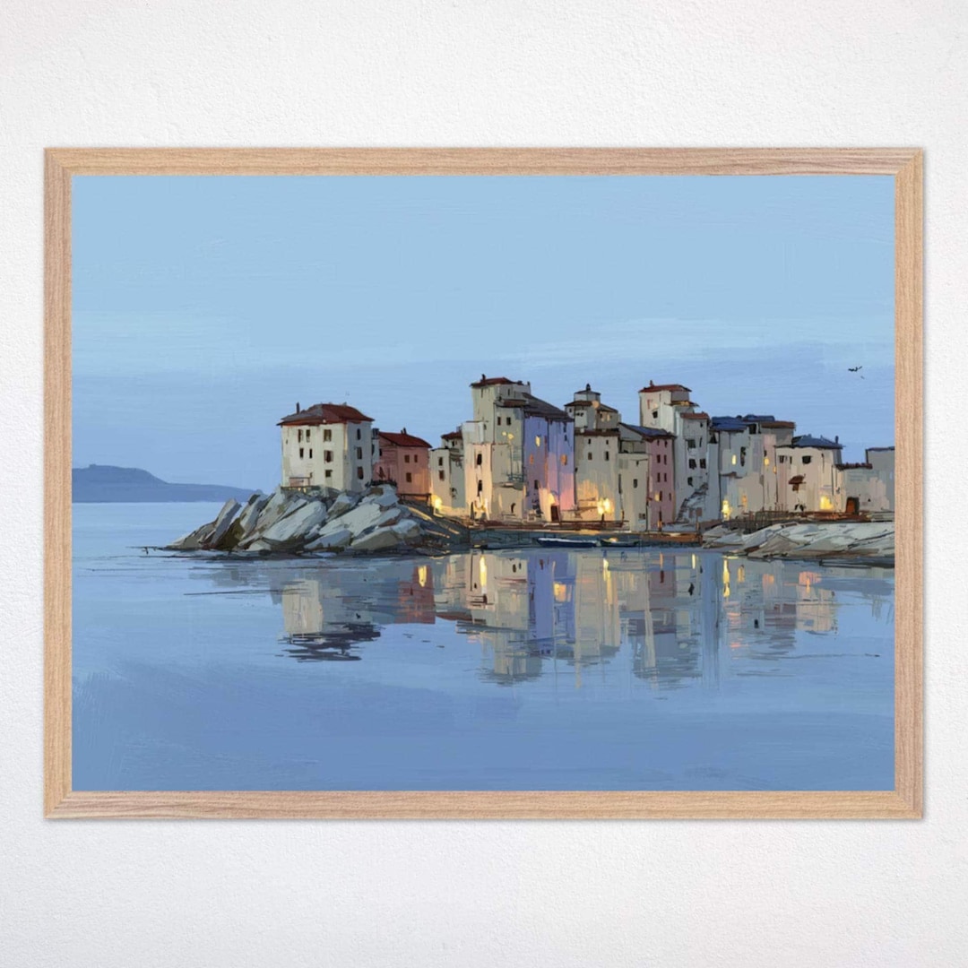 Mediterranean Village Wall Art, Coastal Town Digital Print, Seaside ...