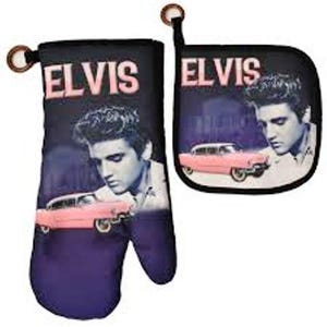 May include: A pair of oven mitts with a black background and a pink car. The mitts feature a photo of Elvis Presley and the text "Elvis".