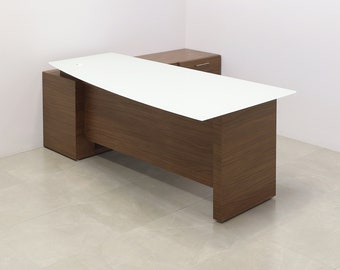 Modern Custom Executive Office Curved Desk with Credenza & Tempered Glass Top - Avenue Desk