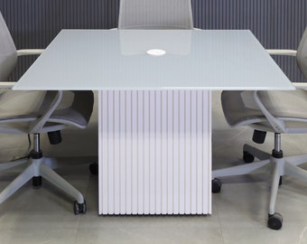 Square Shape Custom Conference Table, Tempered Glass Top - Omaha Meeting Table