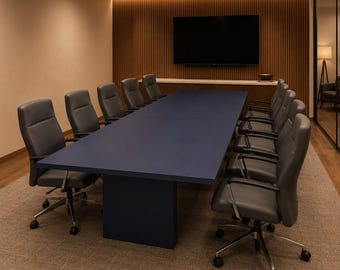 Puede incluir: Una gran mesa de conferencias rectangular de color azul marino rodeada por diez sillas de oficina de cuero gris con bases de metal plateado. La mesa se encuentra en una habitación con una pared de listones de madera y un televisor.