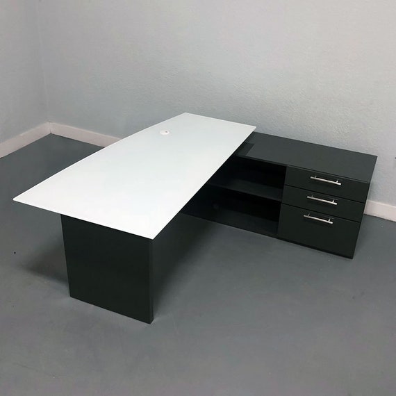 Avenue L Shape Executive Desk With Credenza And Curved Glass Etsy