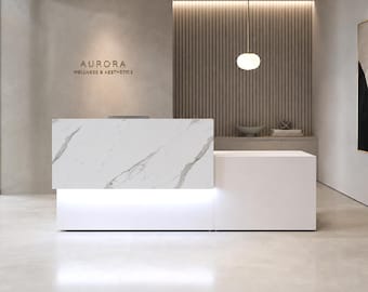 Mostrador de recepción personalizado compatible con la ADA en Los Ángeles / Escritorio de oficina moderno, iluminación LED, personalizable