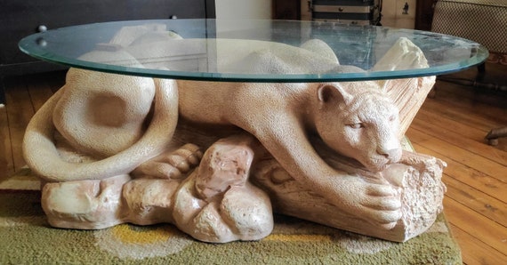 Panter Table Mountain Lion Coffee Oval Glass Top Large Panter Table Mountain Lion Coffee, Wood Lion Coffee Table