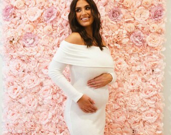 white maternity dress off the shoulder