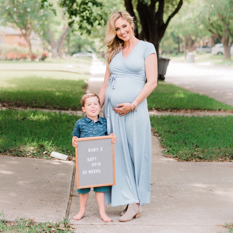 Perfect for Summer Baby Shower Baby Sprinkles! Blue Maternity Dress Wrap Style Stretch Fabric Maternity Maxi Nursing-Friendly