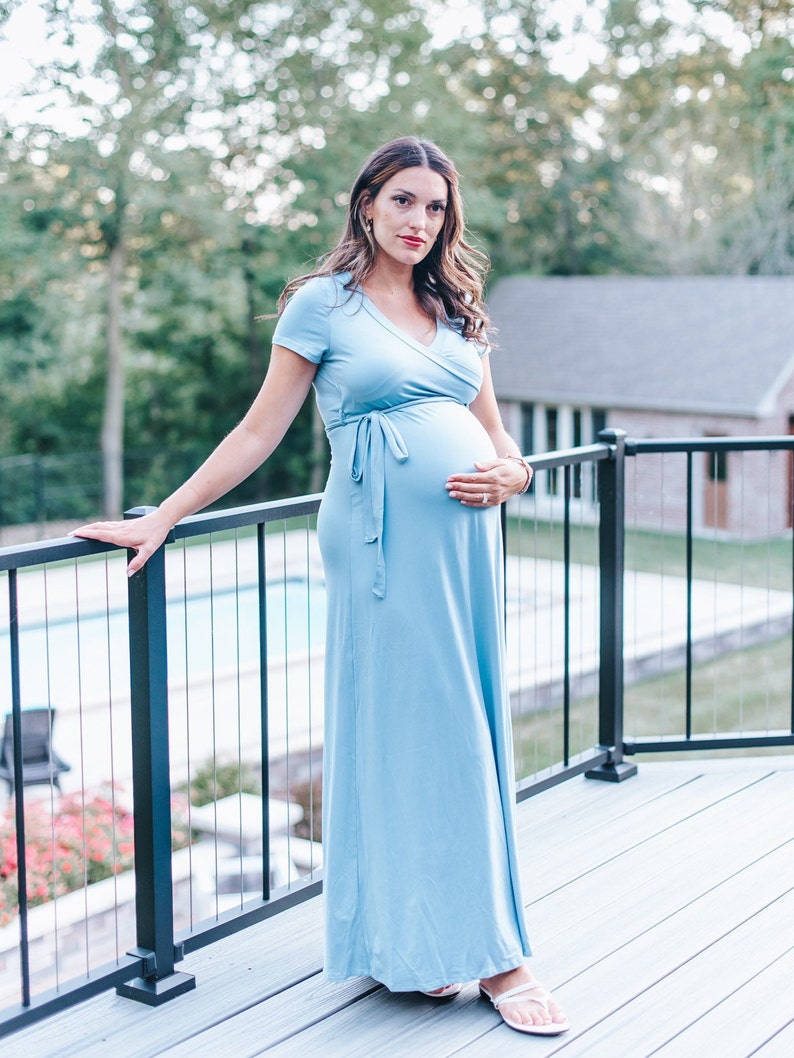 Perfect for Summer Baby Shower Baby Sprinkles! Blue Maternity Dress Wrap Style Stretch Fabric Maternity Maxi Nursing-Friendly