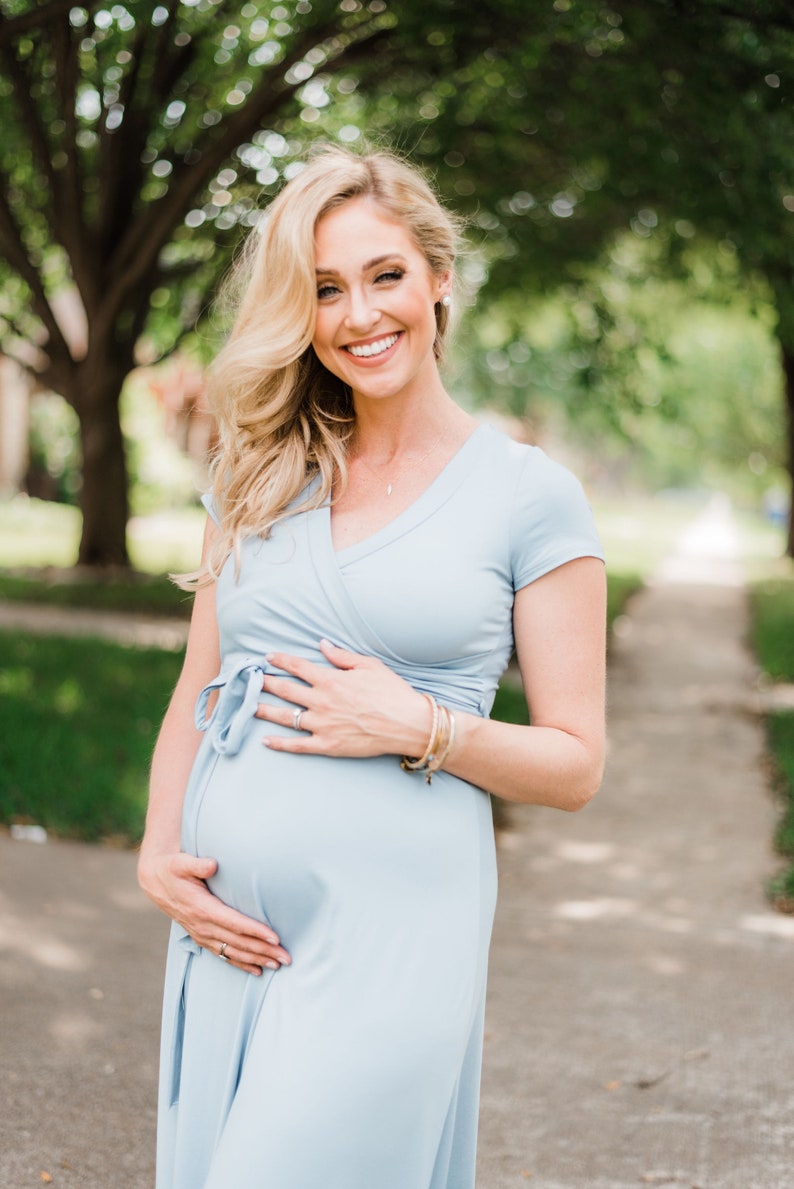 Perfect for Summer Baby Shower Baby Sprinkles! Blue Maternity Dress Wrap Style Stretch Fabric Maternity Maxi Nursing-Friendly