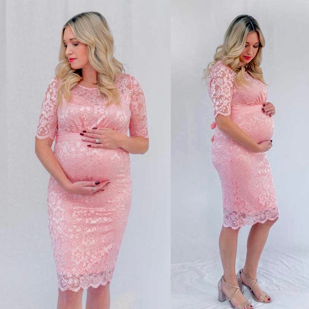 Pink Lace Maternity Dress / See-thru Arms & Neckline / Silk Belt for ...