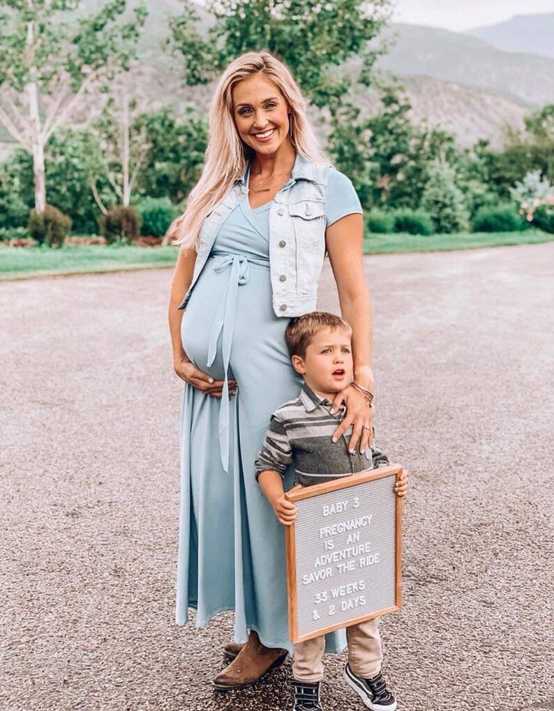 Perfect for Summer Baby Shower Baby Sprinkles! Blue Maternity Dress Wrap Style Stretch Fabric Maternity Maxi Nursing-Friendly